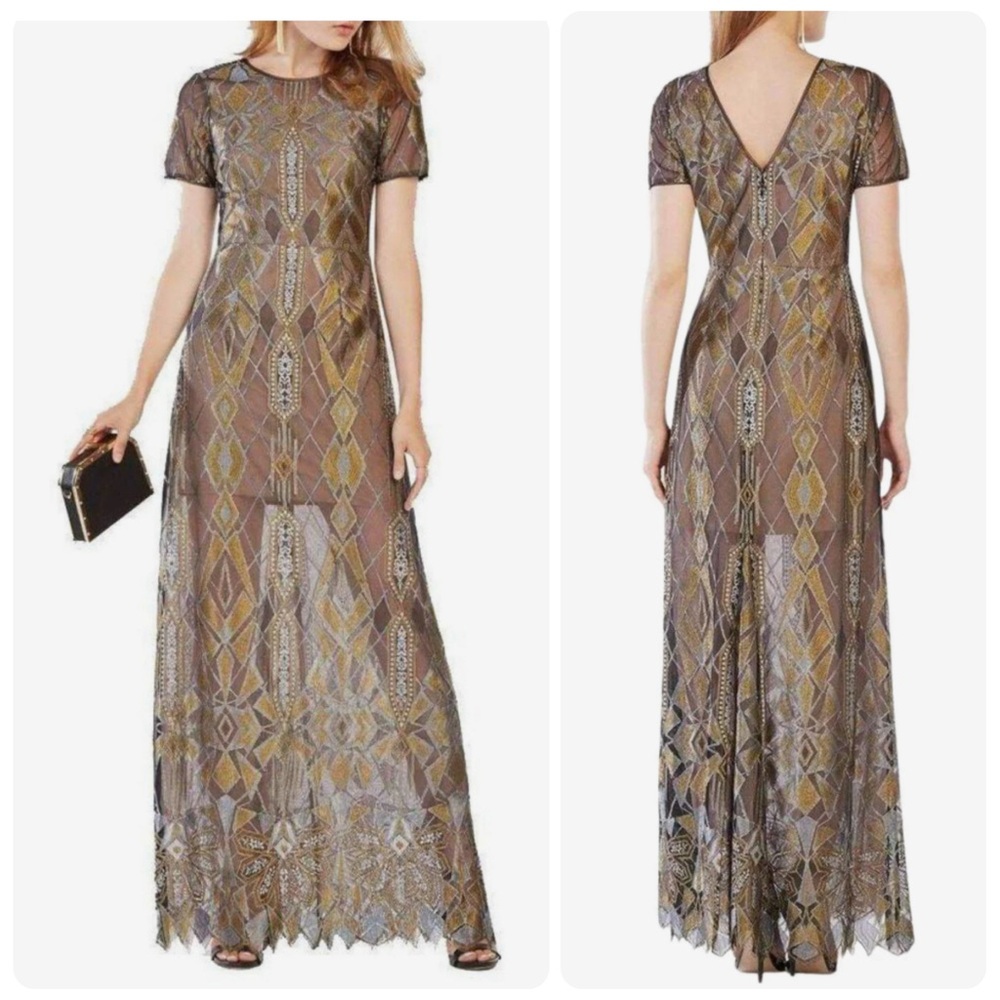 BCBGMAXAZRIA Taliah Metallic Geometric Lace Gown